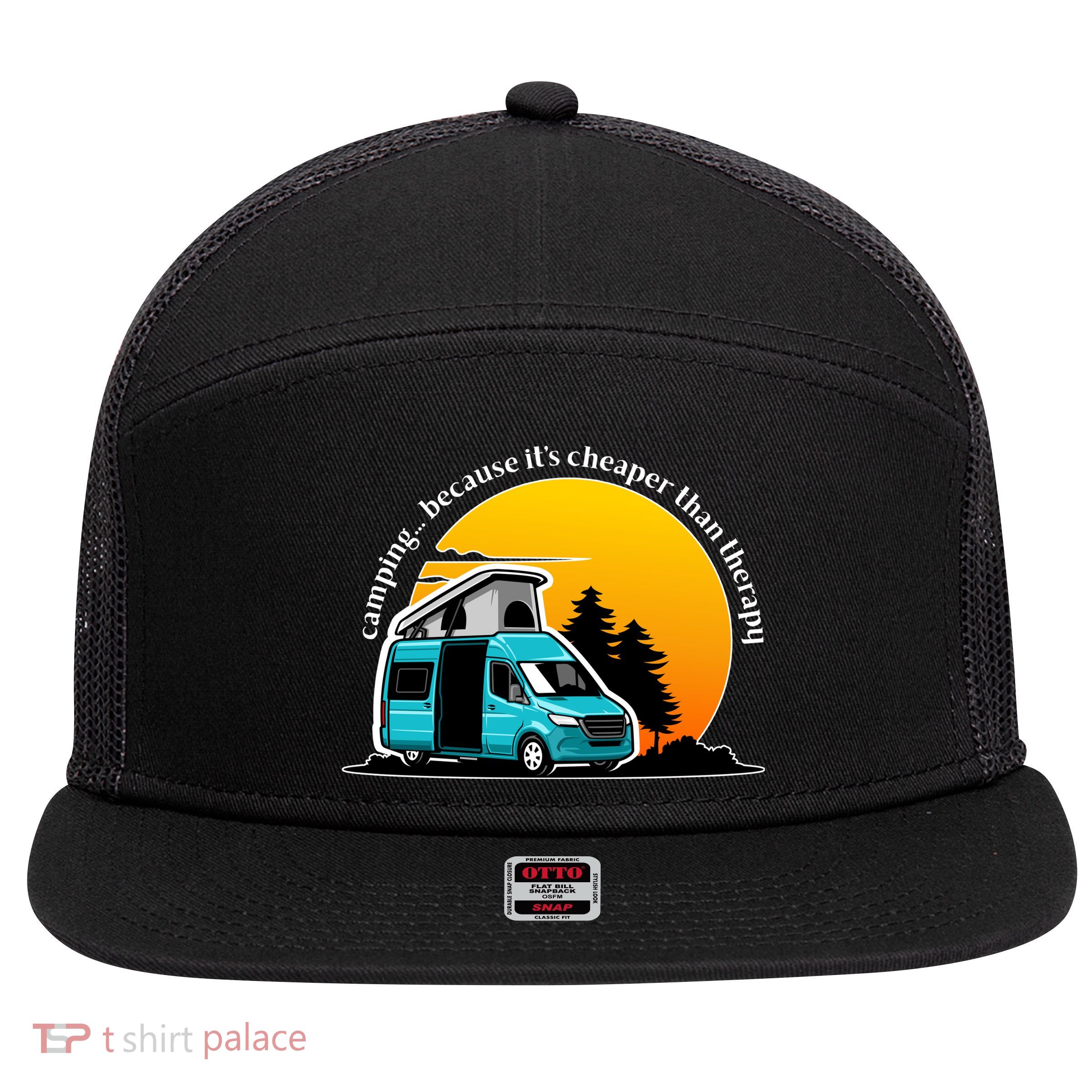 Camping Because It's Cheaper Than Therapy 7 Panel Mesh Trucker Snapback Hat