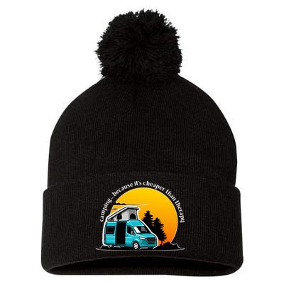 Camping Because It's Cheaper Than Therapy Pom Pom 12in Knit Beanie