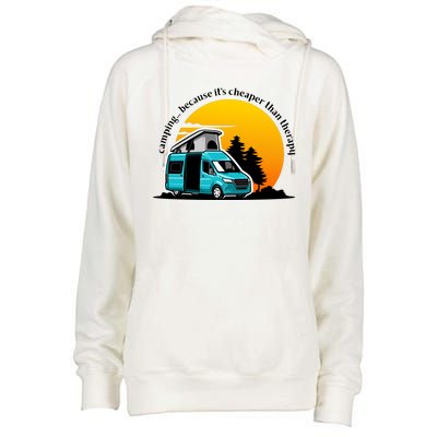 Camping Because It's Cheaper Than Therapy Womens Funnel Neck Pullover Hood