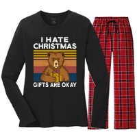 Christmas Bear I Hate Christmas Sarcastic Ugly Xmas Vintage Women's Long Sleeve Flannel Pajama Set 