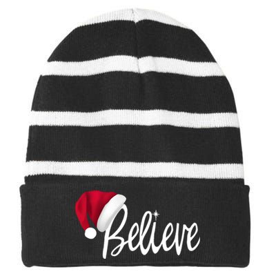 Christmas Believe In Santa Claus Striped Beanie with Solid Band