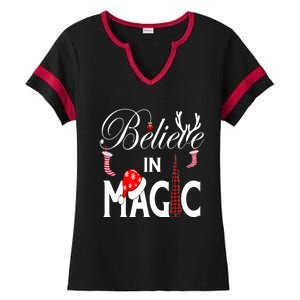 Casual Believe In Magic Of Christmas Tree Buffalo Plaid Gift Ladies Halftime Notch Neck Tee