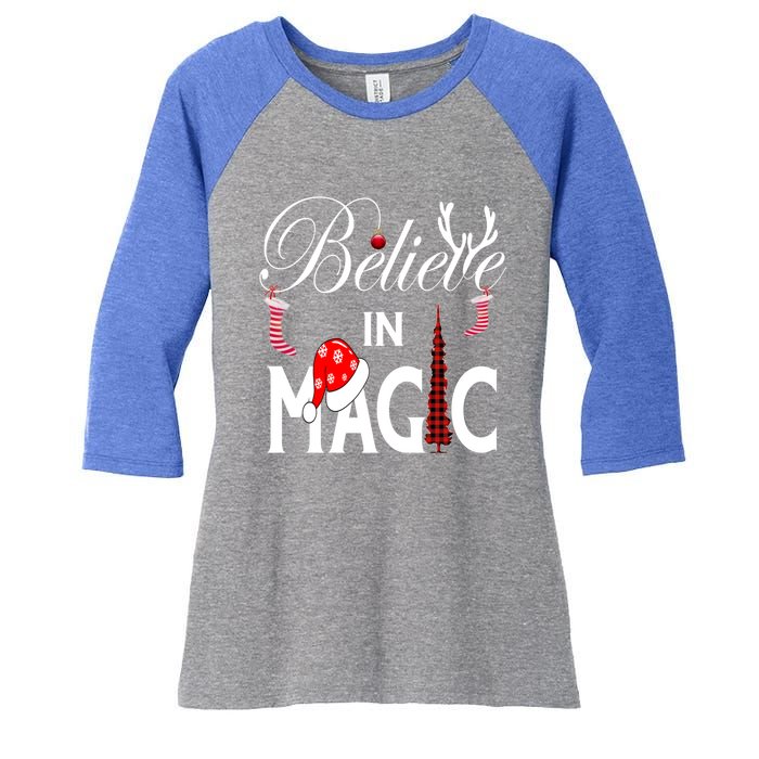 Casual Believe In Magic Of Christmas Tree Buffalo Plaid Gift Women's Tri-Blend 3/4-Sleeve Raglan Shirt