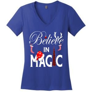 Casual Believe In Magic Of Christmas Tree Buffalo Plaid Gift Women's V-Neck T-Shirt