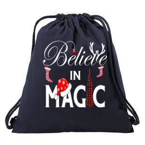 Casual Believe In Magic Of Christmas Tree Buffalo Plaid Gift Drawstring Bag