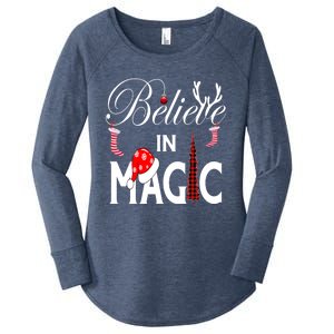 Casual Believe In Magic Of Christmas Tree Buffalo Plaid Gift Women's Perfect Tri Tunic Long Sleeve Shirt