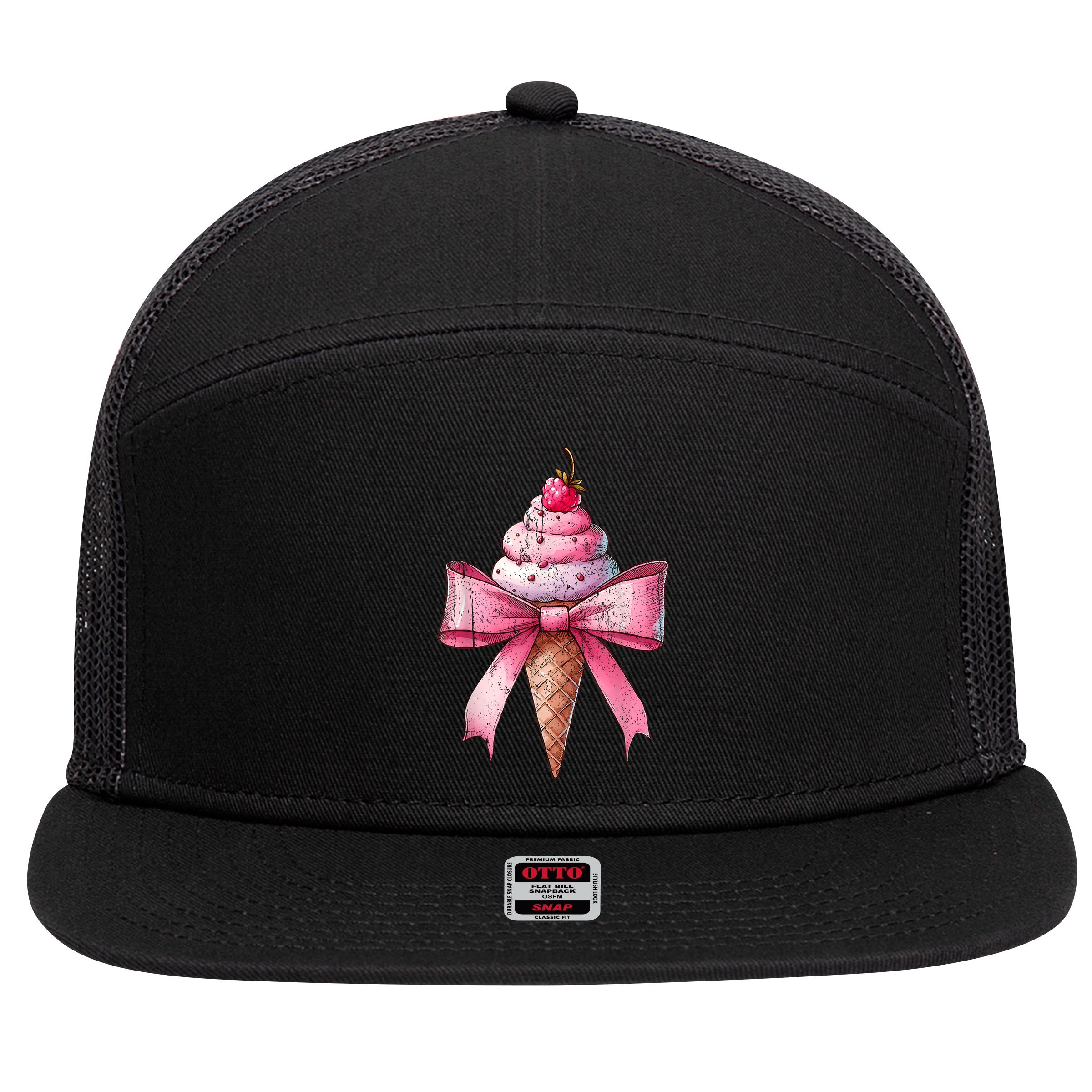 Coquette Bow Ice Cream Cone Ribbon Mom Mothers Day Girl Retro 7 Panel Mesh Trucker Snapback Hat