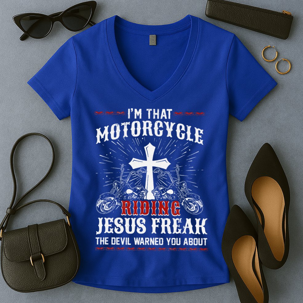 Christian Biker Im That Motorcycle Riding Jesus Freak Faith Women's V-Neck T-Shirt