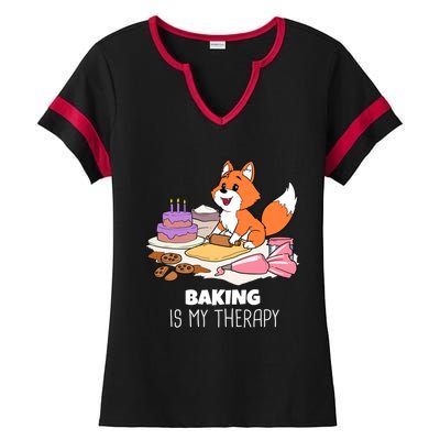 Cute Baking Is My Therapy Dough Confectioner Fox Icing Foxes Gift Ladies Halftime Notch Neck Tee