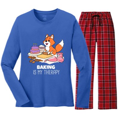 Cute Baking Is My Therapy Dough Confectioner Fox Icing Foxes Gift Women's Long Sleeve Flannel Pajama Set 