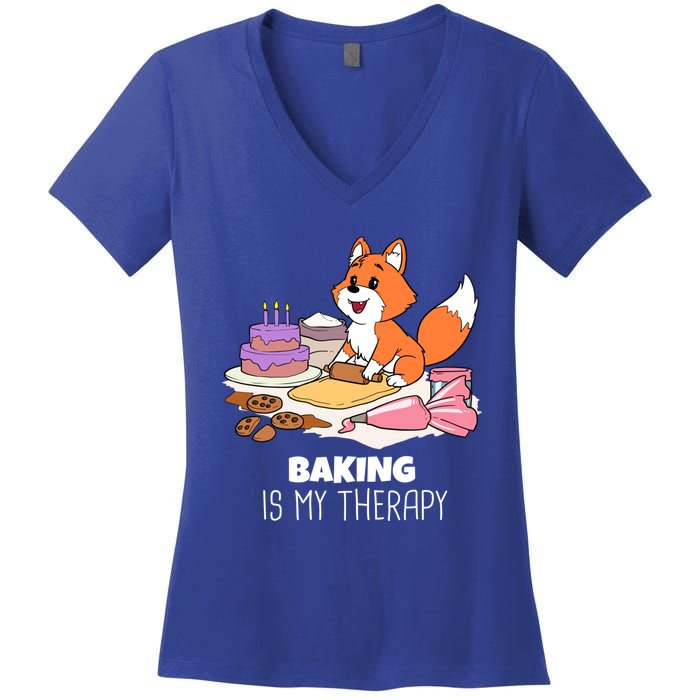 Cute Baking Is My Therapy Dough Confectioner Fox Icing Foxes Gift Women's V-Neck T-Shirt