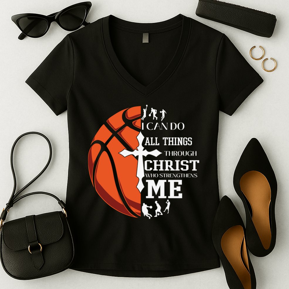 Christian Basketball I Can Do All Things Through Christ Women's V-Neck T-Shirt
