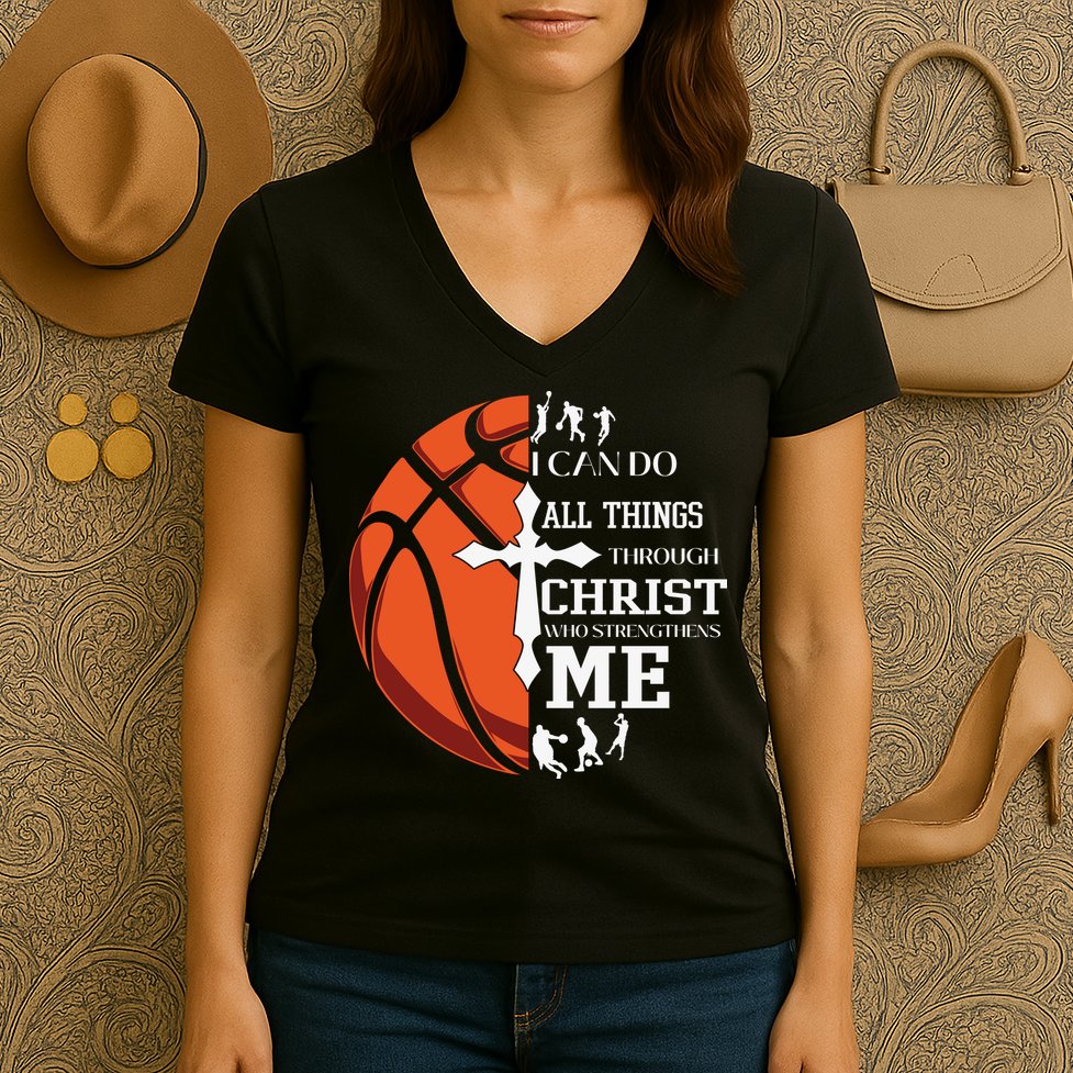 Christian Basketball I Can Do All Things Through Christ Women's V-Neck T-Shirt