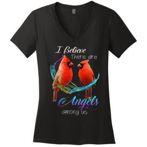 Cardinal Bird I Believe There Are Angels Among Us Women's V-Neck T-Shirt