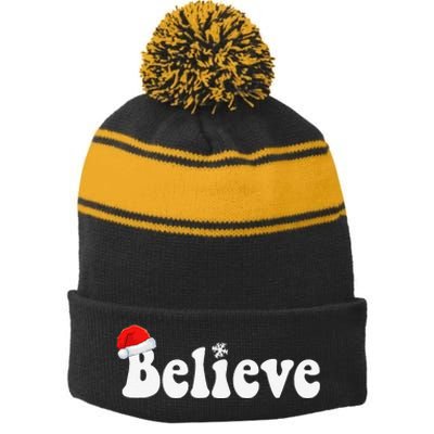 Christmas Believe In Santa Claus Family Retro Xmas Funny Stripe Pom Pom Beanie