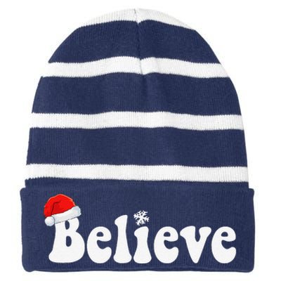 Christmas Believe In Santa Claus Family Retro Xmas Funny Striped Beanie with Solid Band