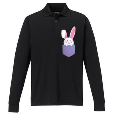 Cute Bunny In Pocket Funny Easter Bunny In Pocket Performance Long Sleeve Polo