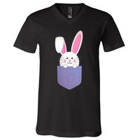 Cute Bunny In Pocket Funny Easter Bunny In Pocket V-Neck T-Shirt