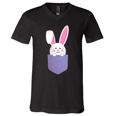 Cute Bunny In Pocket Funny Easter Bunny In Pocket V-Neck T-Shirt