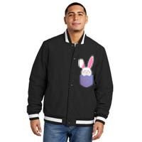 Cute Bunny In Pocket Funny Easter Bunny In Pocket Insulated Varsity Jacket