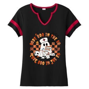 Code Boo In The Er Halloween Nurse Ladies Halftime Notch Neck Tee