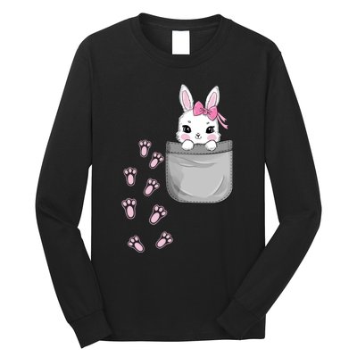 Cute Bunny In Pocket Easter Day Rabbit For Wo Girl Long Sleeve Shirt