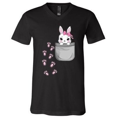 Cute Bunny In Pocket Easter Day Rabbit For Wo Girl V-Neck T-Shirt