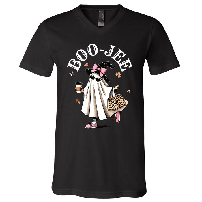 Cute Boo Jee Ghost Halloween Leopard Ghost Coffee Women V-Neck T-Shirt