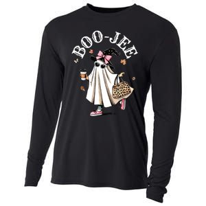 Cute Boo Jee Ghost Halloween Leopard Ghost Coffee Women Cooling Performance Long Sleeve Crew