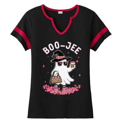 Cute Boo Jee Ghost Halloween Leopard Ghost Coffee Women Gift Ladies Halftime Notch Neck Tee