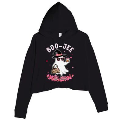 Cute Boo Jee Ghost Halloween Leopard Ghost Coffee Women Gift Crop Fleece Hoodie