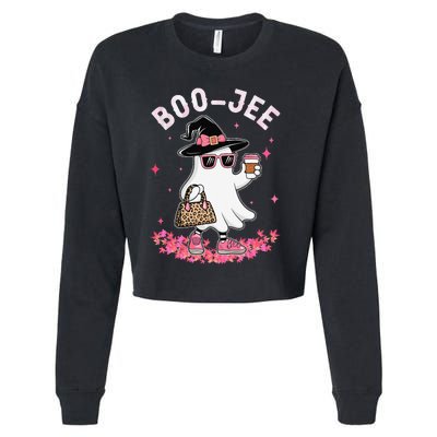 Cute Boo Jee Ghost Halloween Leopard Ghost Coffee Women Gift Cropped Pullover Crew