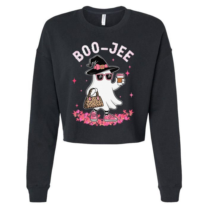 Cute Boo Jee Ghost Halloween Leopard Ghost Coffee Women Gift Cropped Pullover Crew