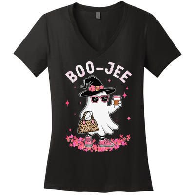 Cute Boo Jee Ghost Halloween Leopard Ghost Coffee Women Gift Women's V-Neck T-Shirt