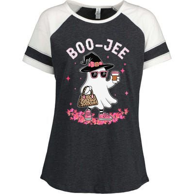 Cute Boo Jee Ghost Halloween Leopard Ghost Coffee Women Gift Enza Ladies Jersey Colorblock Tee