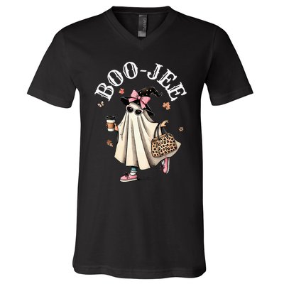 Cute Boo Jee Ghost Halloween Leopard Ghost Coffee V-Neck T-Shirt