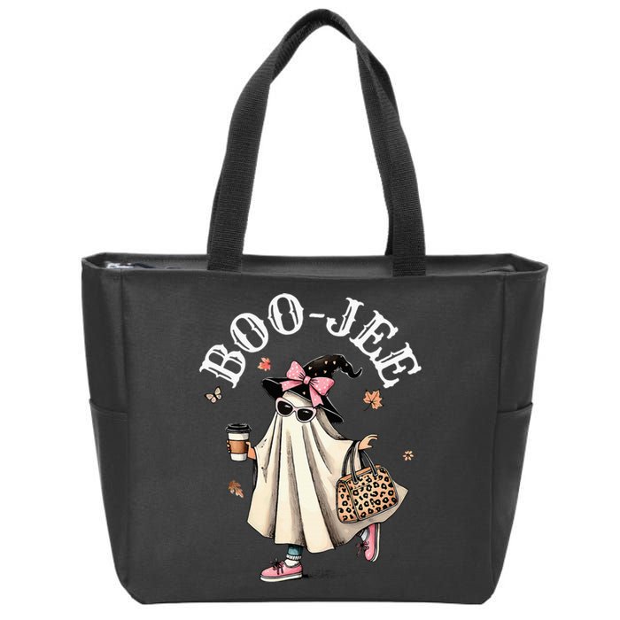 Cute Boo Jee Ghost Halloween Leopard Ghost Coffee Zip Tote Bag