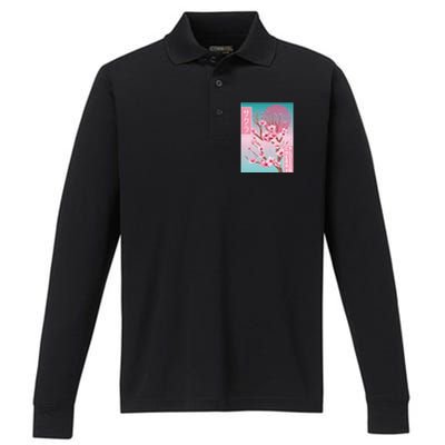 Cherry Blossom Japanese Sakura Vaporwave Aesthetic Performance Long Sleeve Polo