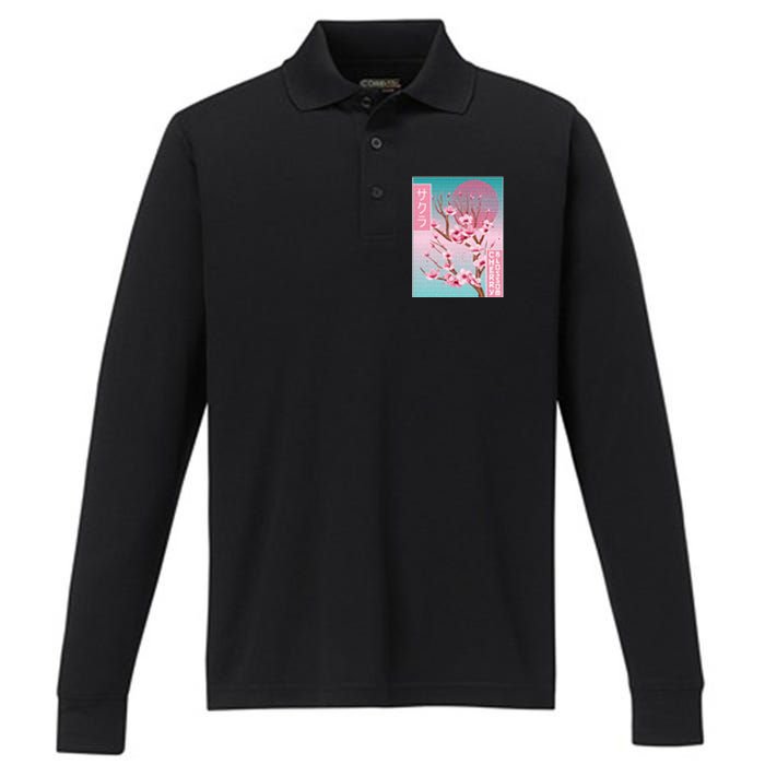 Cherry Blossom Japanese Sakura Vaporwave Aesthetic Performance Long Sleeve Polo