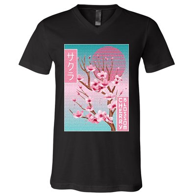 Cherry Blossom Japanese Sakura Vaporwave Aesthetic V-Neck T-Shirt