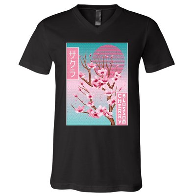 Cherry Blossom Japanese Sakura Vaporwave Aesthetic V-Neck T-Shirt