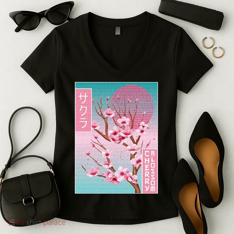 Cherry Blossom Japanese Sakura Vaporwave Aesthetic Women's V-Neck T-Shirt