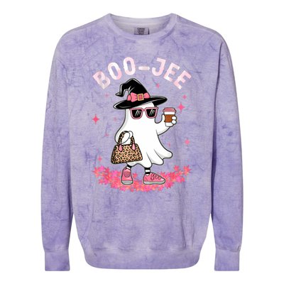 Cute Boo Jee Ghost Halloween Leopard Ghost Coffee Women Colorblast Crewneck Sweatshirt