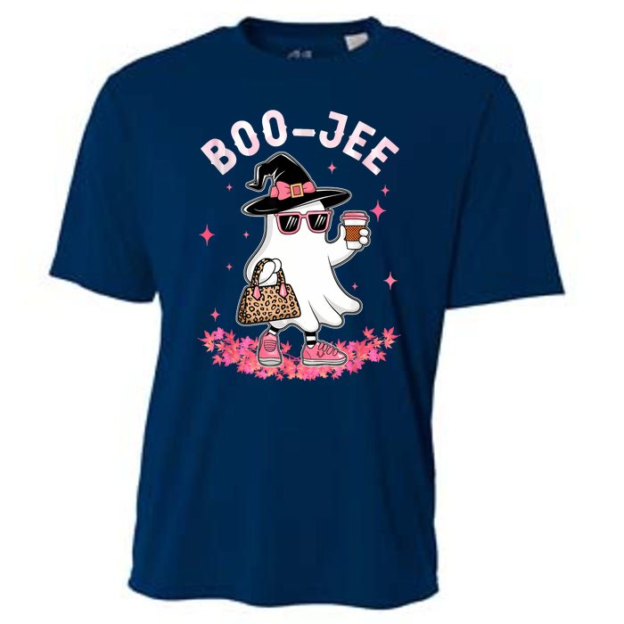 Cute Boo Jee Ghost Halloween Leopard Ghost Coffee Women Cooling Performance Crew T-Shirt