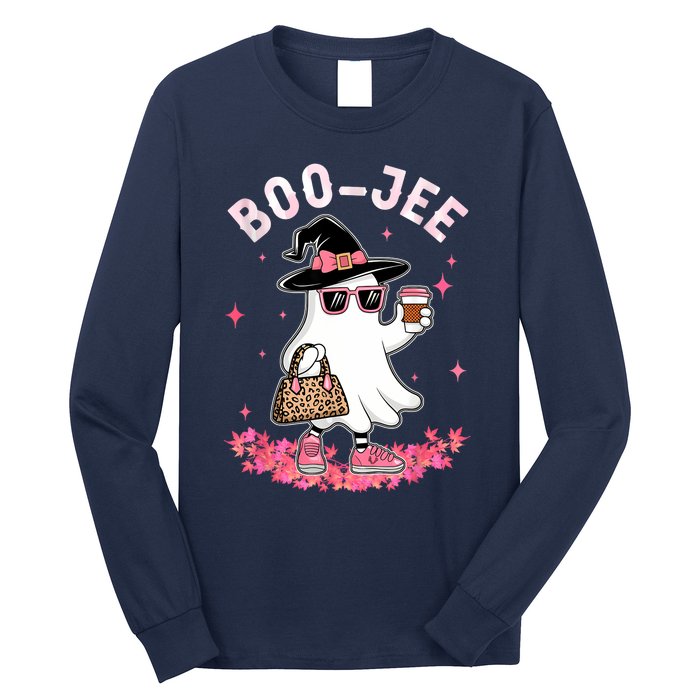 Cute Boo Jee Ghost Halloween Leopard Ghost Coffee Women Long Sleeve Shirt