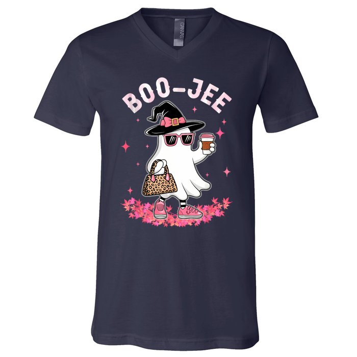 Cute Boo Jee Ghost Halloween Leopard Ghost Coffee Women V-Neck T-Shirt