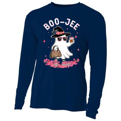 Cute Boo Jee Ghost Halloween Leopard Ghost Coffee Women Cooling Performance Long Sleeve Crew