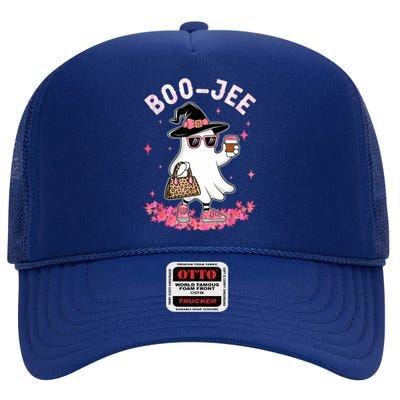 Cute Boo Jee Ghost Halloween Leopard Ghost Coffee Women High Crown Mesh Back Trucker Hat