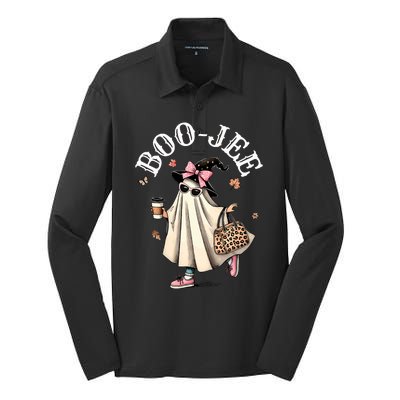 Cute Boo Jee Ghost Halloween Leopard Ghost Coffee Silk Touch Performance Long Sleeve Polo