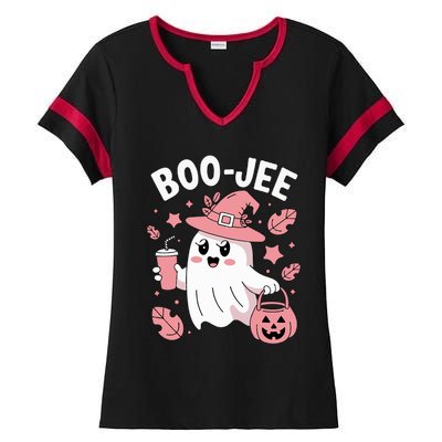 Cute Boo Jee Ghost Halloween Leopard Ghost Coffee Girl Ladies Halftime Notch Neck Tee